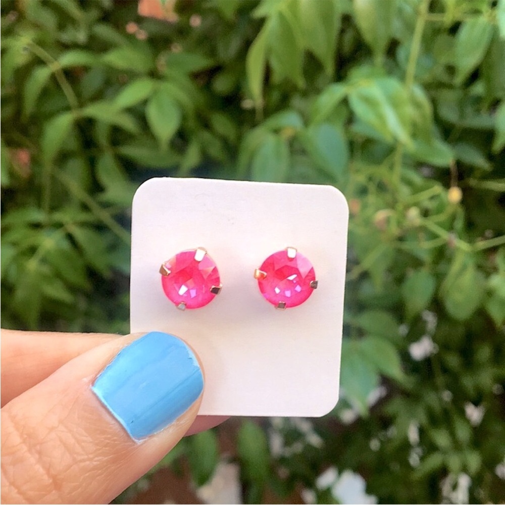 Hot Pink + Rose Gold Crystal Stud Earrings - Picture 4 of 4